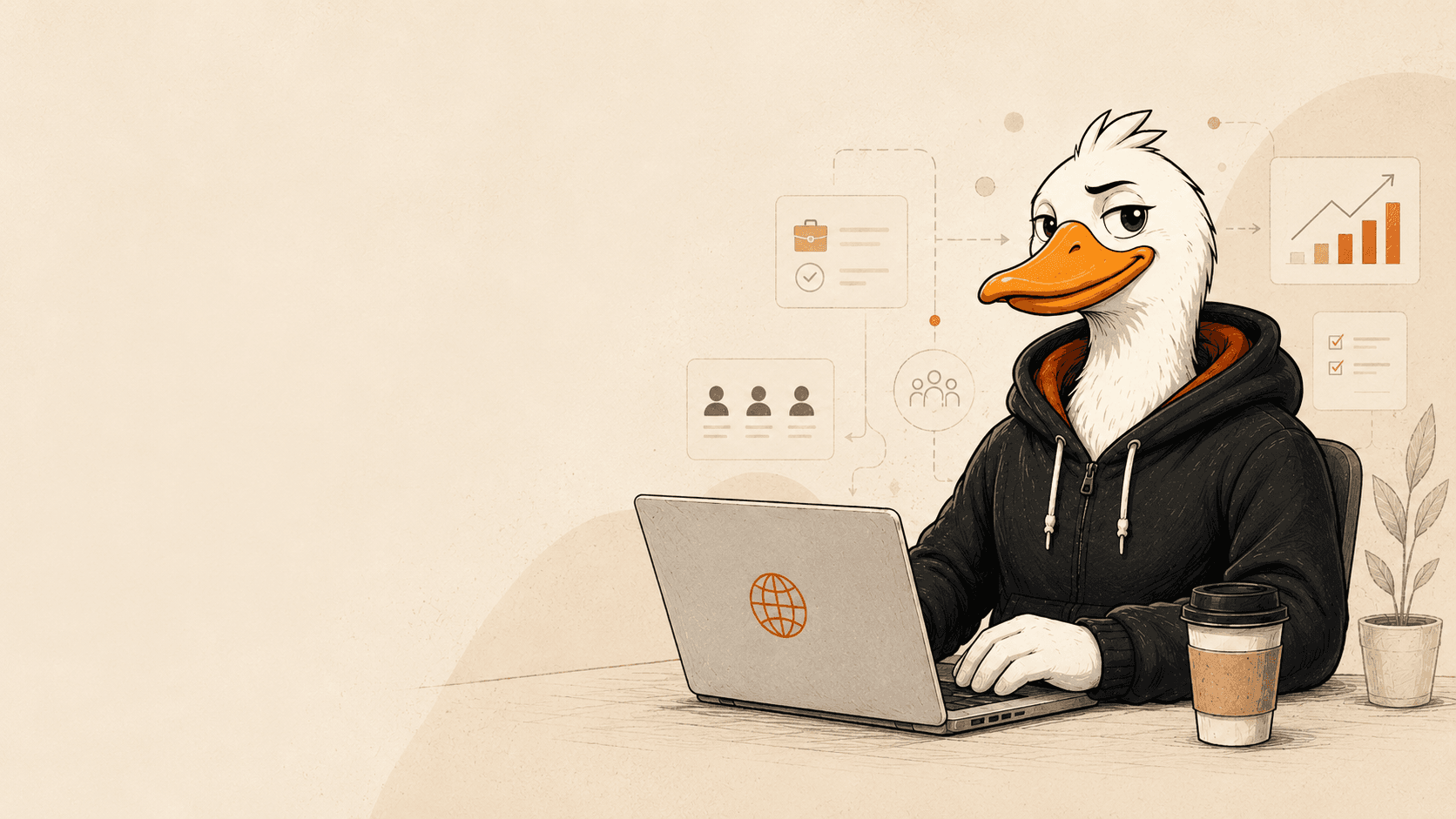 Маскот платформы — гусь работает за ноутбуком, вокруг — иконки графиков, чек-листов и сообщества